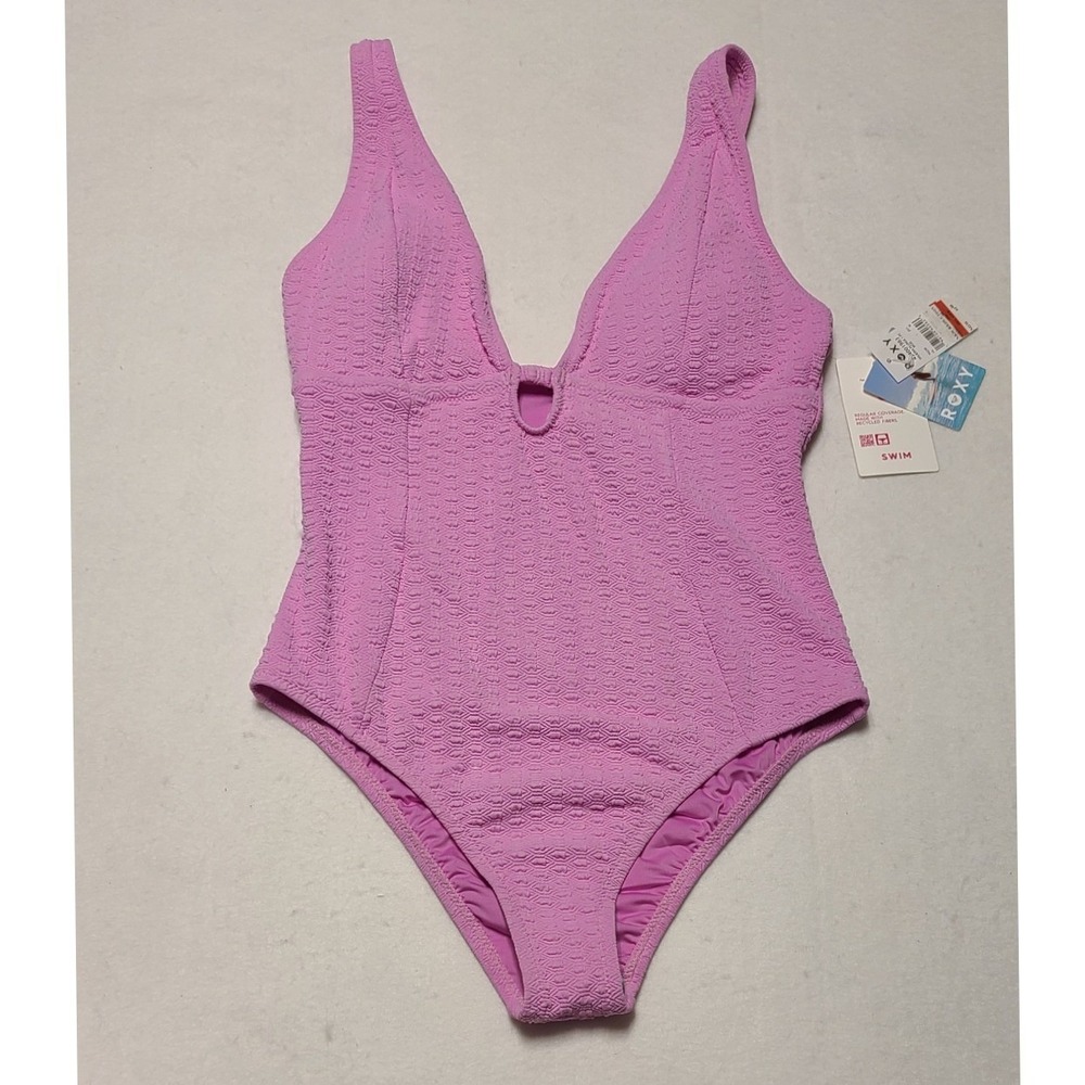 Roxy Women's Pink Textured Plunging V-Neck One Piece Swimsuit Size S/M New